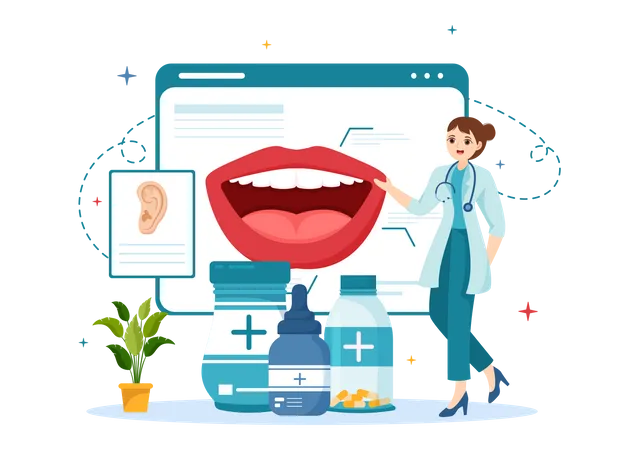 Otorhinolaryngologist Illustration With Medical Relating To The Ear Nose And Throat In Healthcare Flat Cartoon Hand Drawn Landing Page Templates Illustration