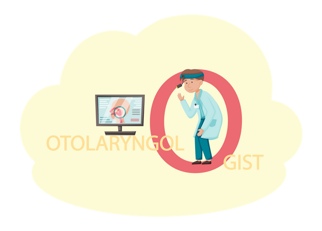 Médico otorrinolaringologista fazendo pesquisa on-line  Ilustração