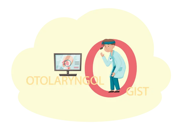 Médico otorrinolaringologista fazendo pesquisa on-line  Ilustração