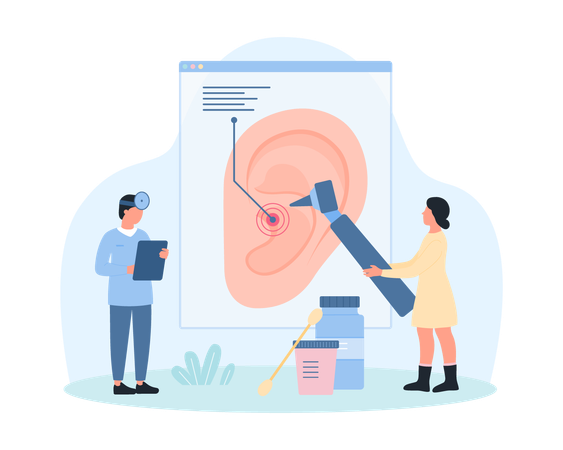 Os otorrinolaringologistas verificam a orelha com otoscópio  Ilustração