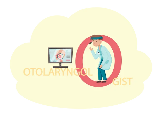 Médico otorrinolaringólogo realizando investigaciones en línea  Ilustración