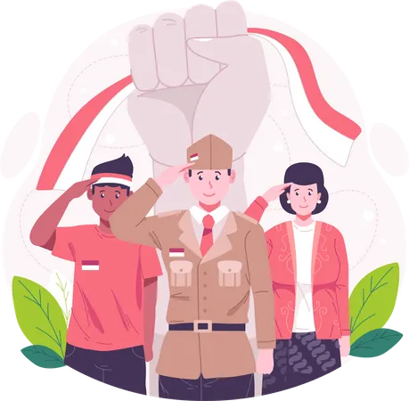Oung people with respectful gestures celebrating Indonesia Independence Day on August 17th  Illustration