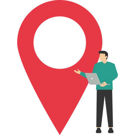 Handsome Businessman Stand Near Map Pointer Our Office Location Company Location Specify The Location On The Map Business Meeting Location Flat Vector Illustration On A White Background Illustration