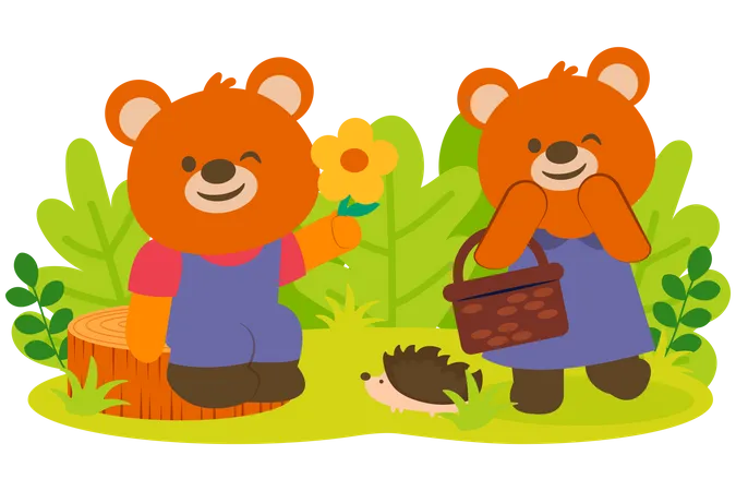 Couple d'ours avec une belle fleur dans le parc  Illustration