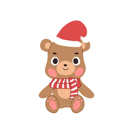 Ours en peluche festif assis adorable mascotte de Noël dans un thème de vacances confortable  Illustration