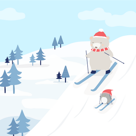 Ours et pingouin skiant sur la neige  Illustration