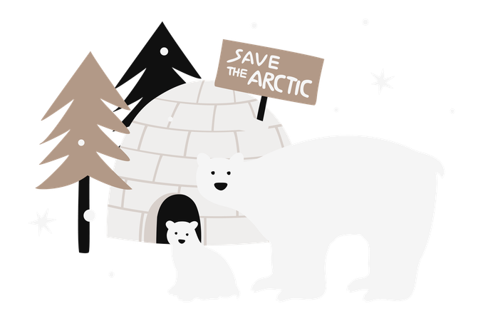 Ours polaire et bébé près de l'igloo la nuit  Illustration