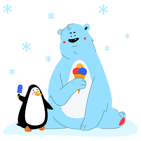 Ours polaire et pingouin mangeant de la glace  Illustration