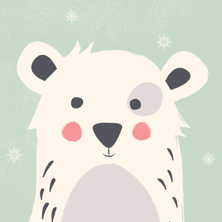 Ours polaire mignon avec des flocons de neige sur fond vert  Illustration