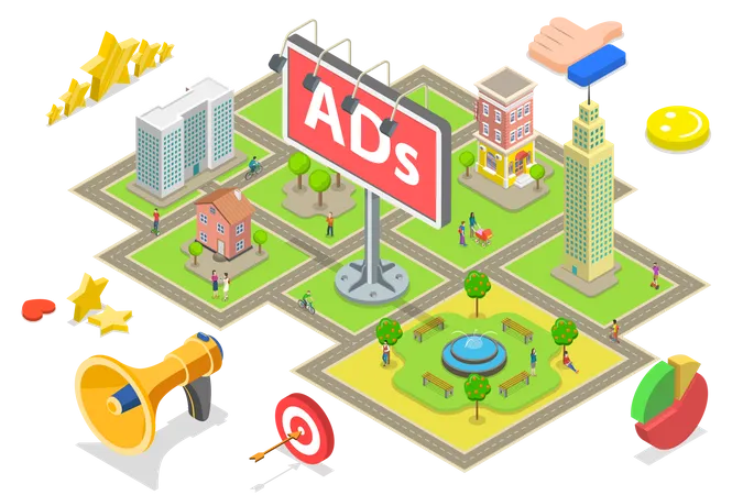 Isometric Flat Vector Concept Of Outdoor Advertising City Advertisement Billboards And Banners Outbound Marketing Campaign Illustration
