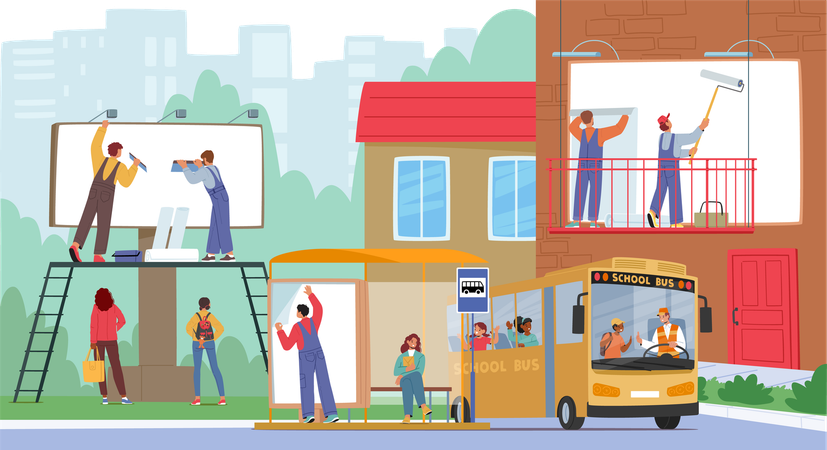 Outdoor Advertising Workers Installing Billboards In Urban Environment  Illustration