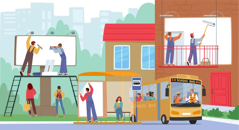 Outdoor Advertising Workers Installing Billboards In Urban Environment  Illustration