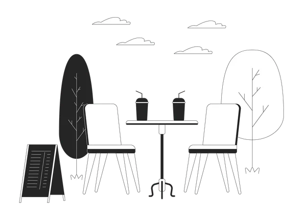 Outdoor Cafe Comfort Black And White Cartoon Flat Illustration Table With Drinks And Chairs At Open Air Seating Area 2 D Lineart Items Isolated Summer Restaurant Monochrome Scene Vector Outline Image Illustration
