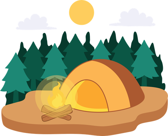 Outdoor camping with tent and campfire  Illustration