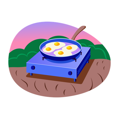 Outdoor cooking frying eggs on stove  Illustration