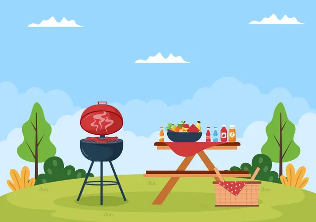 BBQ Oder Barbecue Mit Steaks Auf Dem Grill Toaster Tellern Wurst Huhn Und Gemuse Auf Flachem Hintergrund Cartoon Illustration Illustration