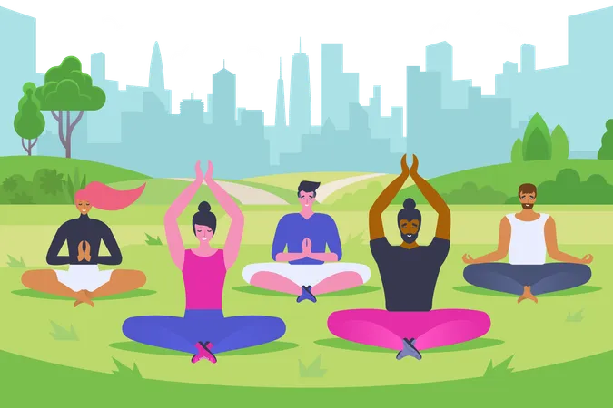 Outdoor Meditation Flat Vector Illustration Smiling Men And Women In Sportswear Cartoon Characters Happy Young People Sitting In Lotus Pose Fresh Air Activity Yoga Exercise Relaxation In Park Illustration