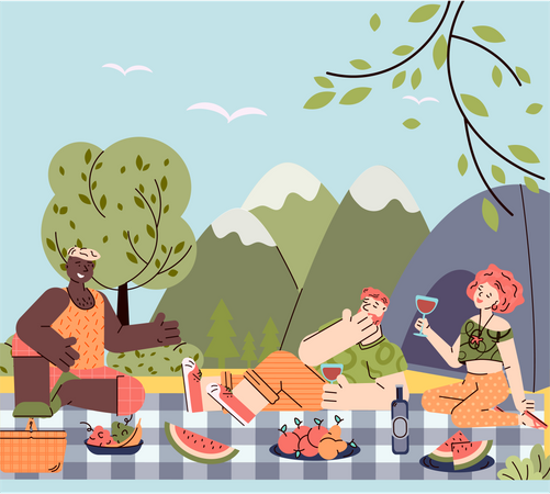 Picknick-Wochenende im Freien mit Freunden und Grillen  Illustration