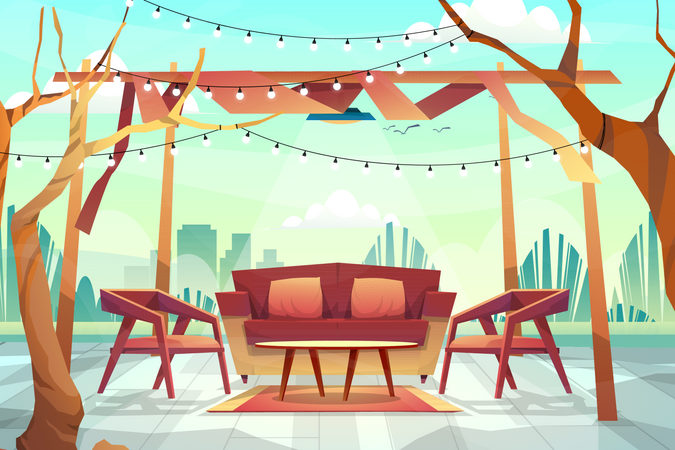 Outdoor scene of sofa with cous and table under lighting from ceiling  Illustration