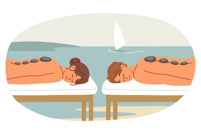 Outdoor SPA And Hot Stone Massage For Man With Woman Lying On Ocean And Enjoying Rejuvenation Therapy Happy Married Couple Enjoys SPA Services To Relax While Traveling To Sunny Island イラスト