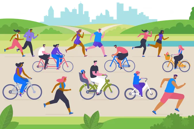 Outdoor Sport Activities Flat Vector Illustration Young Men Women And Children Cartoon Characters Fresh Air Training Exercise Active Recreation Happy People Cycling And Jogging In City Park Illustration