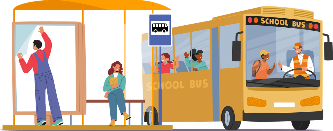 Outdoor Workers And Children Characters Interacting At Bus Stop With School Bus  Illustration