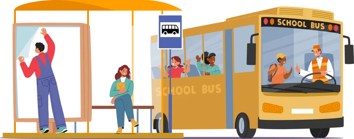 Outdoor Workers And Children Characters Interacting At Bus Stop With School Bus  Illustration