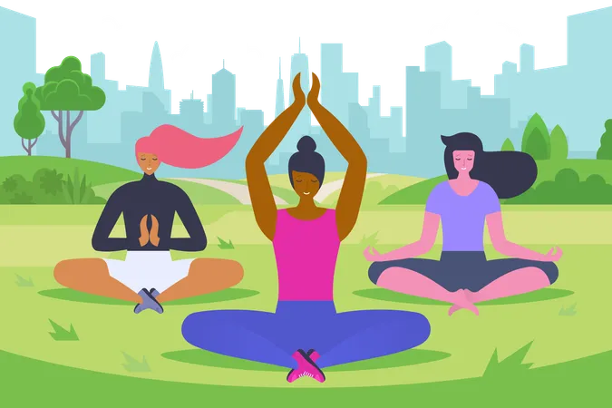 Outdoor Yoga Class Flat Vector Illustration Young Women In Sportswear Cartoon Characters Girls Sitting In Lotus Pose Meditating In Park Healthy Lifestyle Fresh Air Activity Pilates Training Illustration