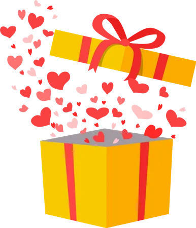 Outflying Red Hearts From Yellow Present On White Background Vector Illustration Of Many Tiny Confetti In Box Decorated With Red Ribbon And Beautiful Bow Element Of Decor For Christmas Holidays Illustration