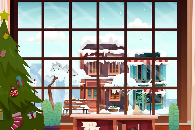 Outside view glass window snow covered roof of house on winter season  Illustration