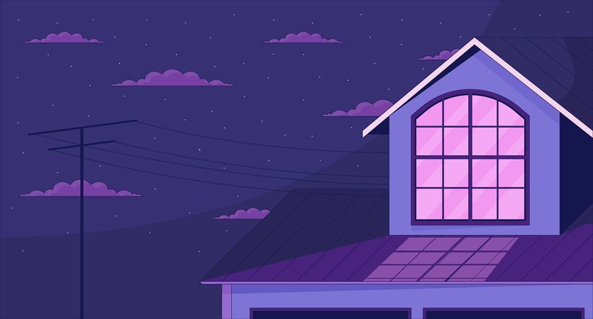 Outside window attic on starry night clouds  Illustration