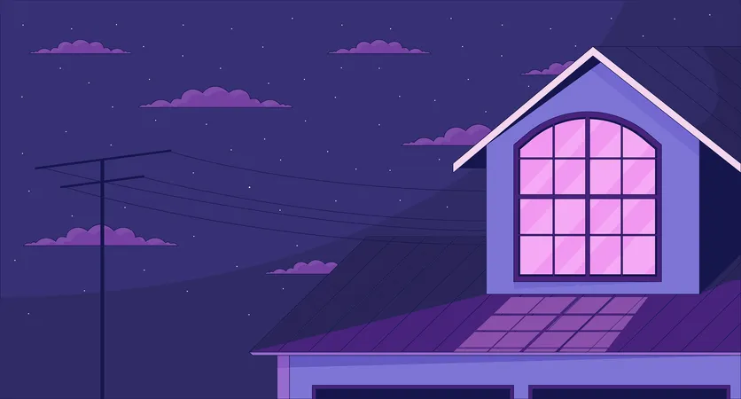 Outside Window Attic On Starry Night Clouds 2 D Cartoon Background Nighttime Roof House Outdoor Colorful Aesthetic Vector Illustration Nobody Cottage Evening Flat Line Wallpaper Art Lofi Image Illustration