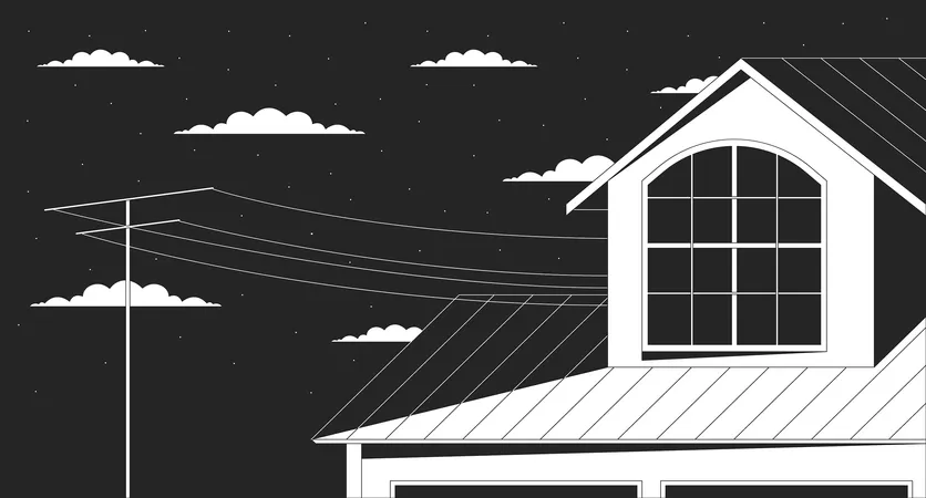 Outside Window Attic On Starry Night Clouds Outline 2 D Cartoon Background Nighttime Roof House Outdoor Linear Vector Illustration Cottage Evening Flat Wallpaper Art Monochromatic Lofi Image Illustration