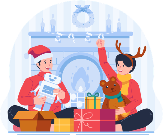 Des enfants ouvrent des cadeaux de Noël près d'une cheminée chaleureuse et confortable  Illustration