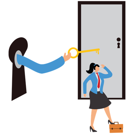 Ouvrez la porte avec une clé, la main de la femme d'affaires tenant la clé dépasse du trou de la serrure  Illustration