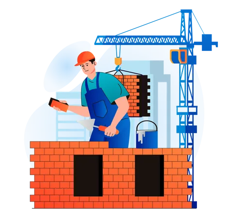 Mur de construction de travailleurs utilisant des briques  Illustration