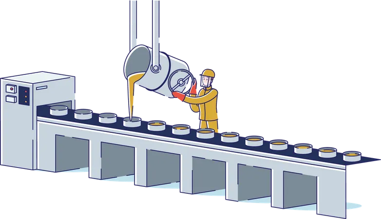 Un ouvrier contrôle le processus de fusion et de coulée des métaux sur un convoyeur dans une usine métallurgique  Illustration