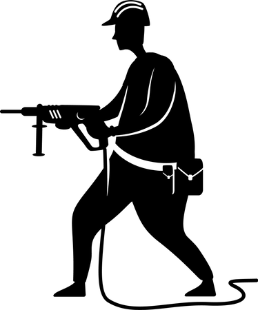 Illustration Vectorielle De Travailleur De La Construction Silhouette Noire Constructeur Avec Perceuse Reparations A Domicile Pose De Personne Qui Travaille Forme De Personnage De Dessin Anime 2 D De Bricoleur Pour Le Commerce Lanimation Limpression Illustration