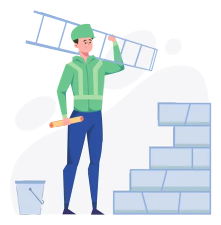 Travailleur de la construction tenant une échelle et un plan  Illustration