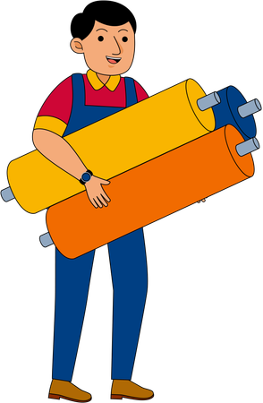 Ouvrier de machines textiles avec un rouleau de tissu  Illustration