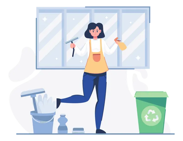 Travailleur de nettoyage avec équipement de nettoyage  Illustration