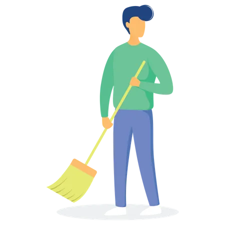 Ouvrier de nettoyage tenant un balai  Illustration