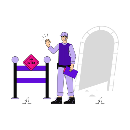 Un ouvrier du bâtiment attend derrière une barricade  Illustration