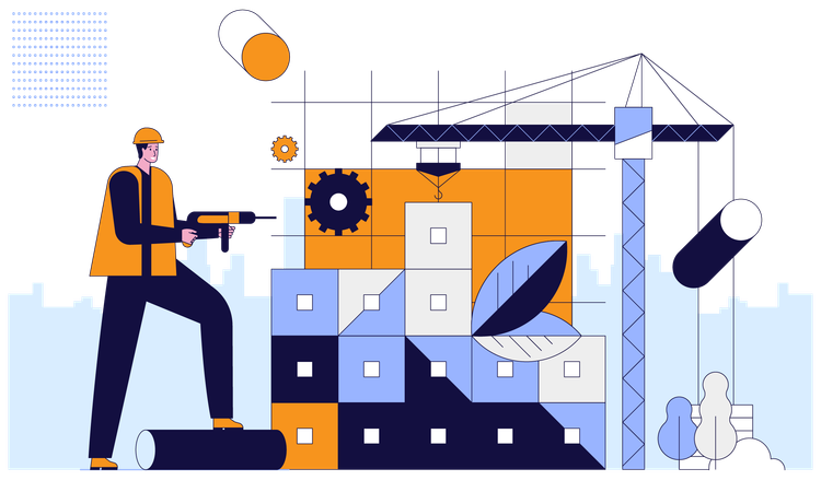 Ouvrier du bâtiment travaillant sur un chantier de construction  Illustration