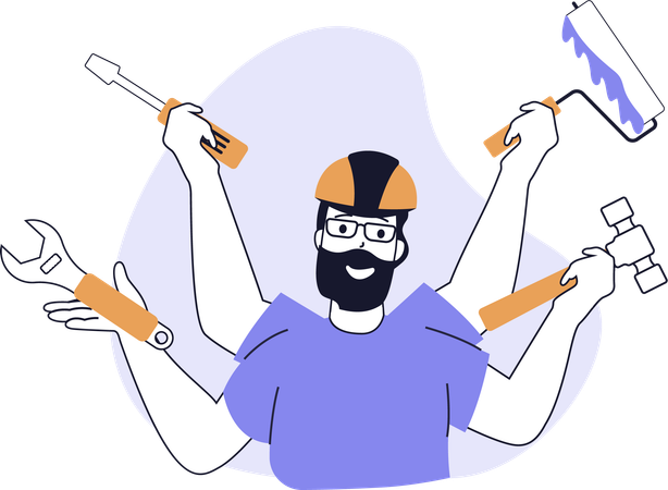 Un ouvrier du bâtiment travaille avec des outils de construction  Illustration