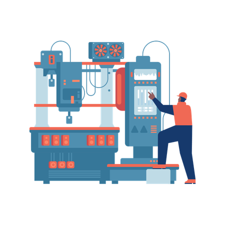 Industrie intelligente Un ouvrier d'usine ou un ingénieur travaille sur des machines industrielles  Illustration