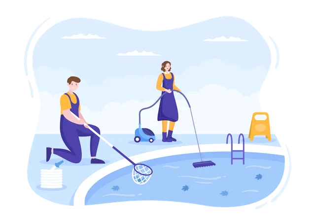Travailleur nettoyant l'eau dans la piscine avec aspirateur et filet  Illustration