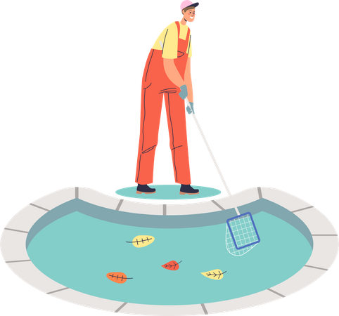 Homme ouvrier nettoyant la piscine des ordures et des feuilles avec filet  Illustration
