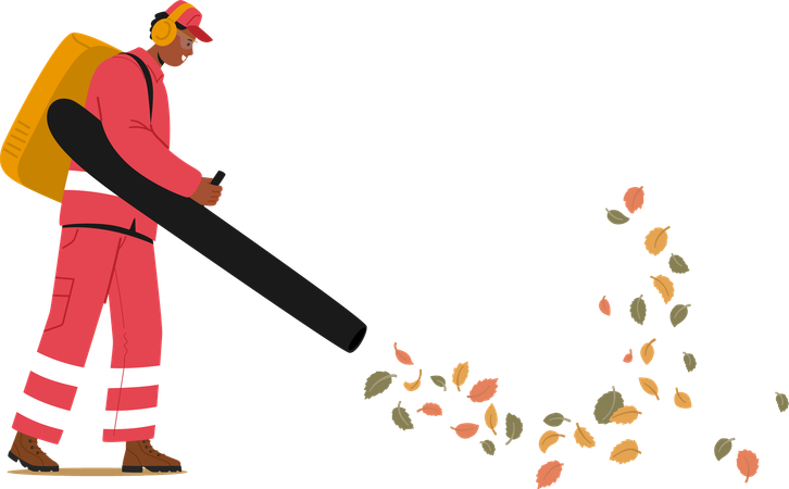 Un ouvrier utilise un puissant souffleur de feuilles pour ramasser les feuilles d'automne  Illustration