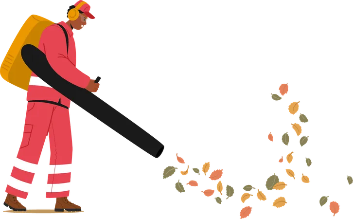 Un ouvrier utilise un puissant souffleur de feuilles pour ramasser les feuilles d'automne  Illustration